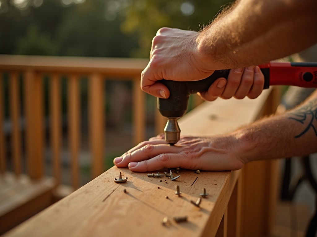 Carpenter hammering nails into deck railing