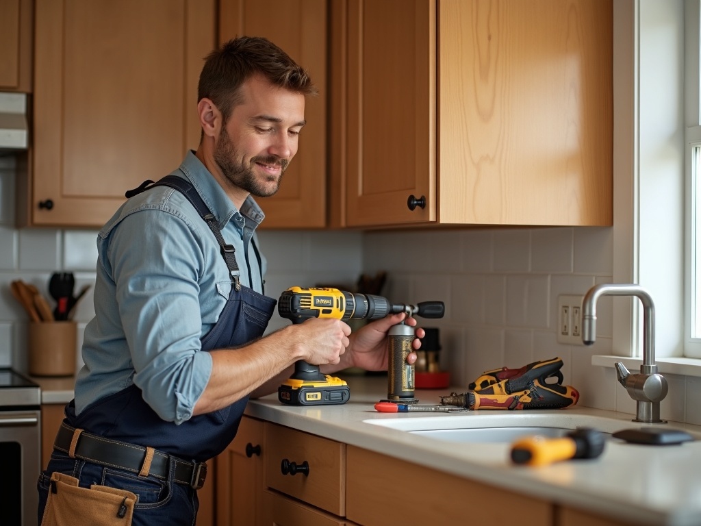 Handyman fixing kitchen cabinet with cordless drill