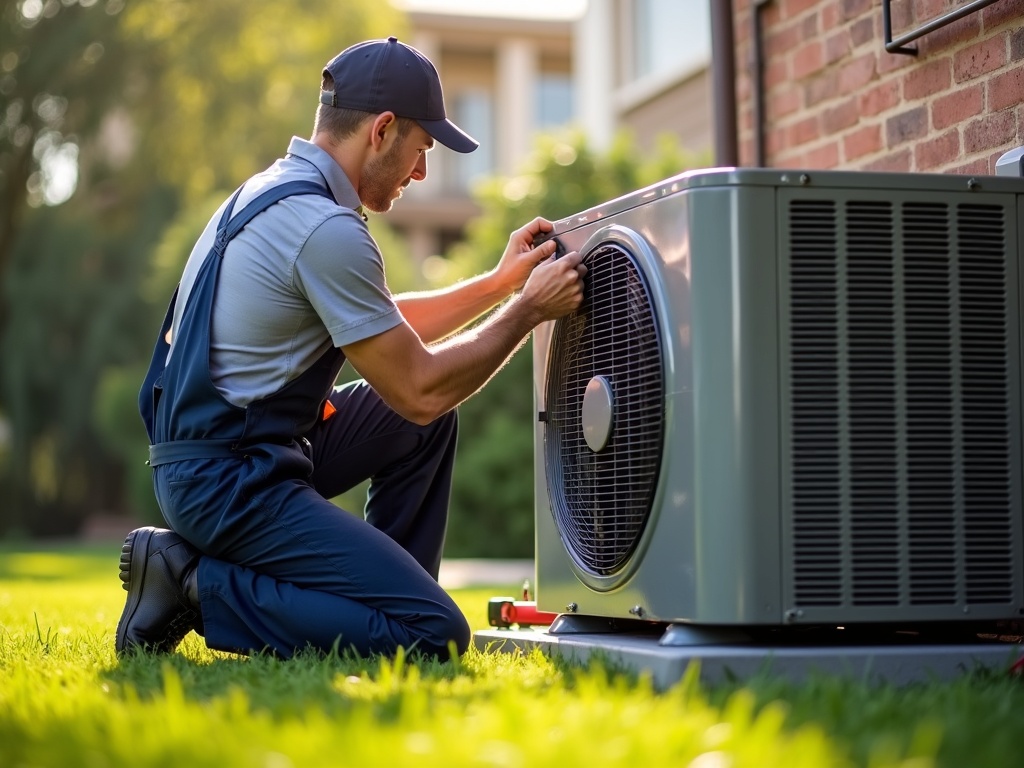 HVAC technician servicing outdoor heat pump unit