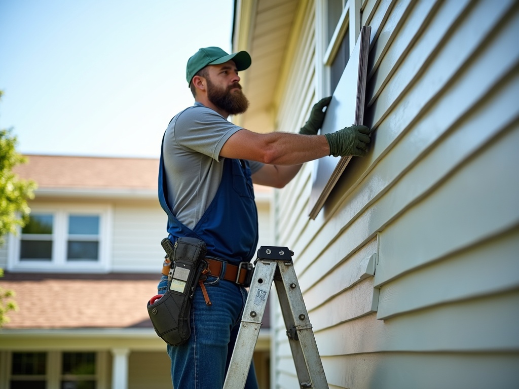 Contractor installing vinyl siding on home exterior