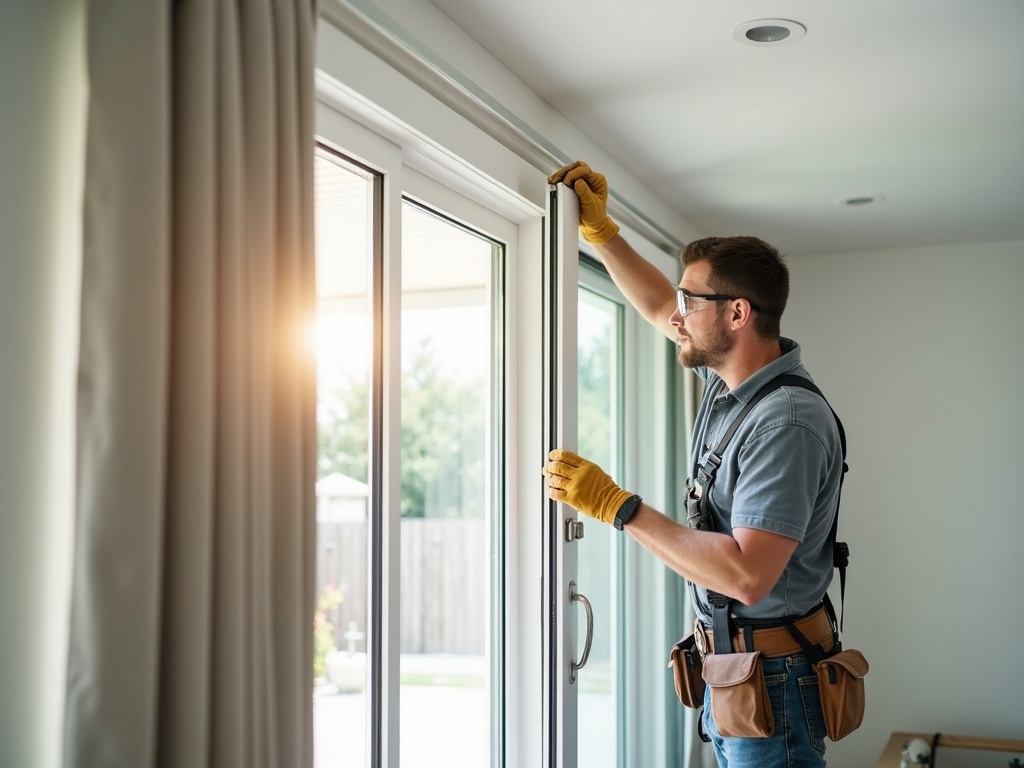 Installer fitting a sliding glass door